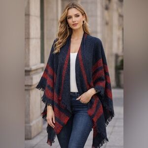 Tahari Navy Blue Red Striped Fringe Open Front Poncho Wrap Shawl One Size